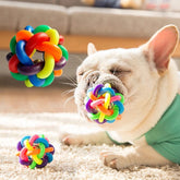 KUTKUT Woven Braided Rainbow Bouncy Rubber Chew Ball with Jingle Bell Inside for Pet Training and Teeth Cleaning Toy Suitable for Dogs Cats (Medium) - kutkutstyle